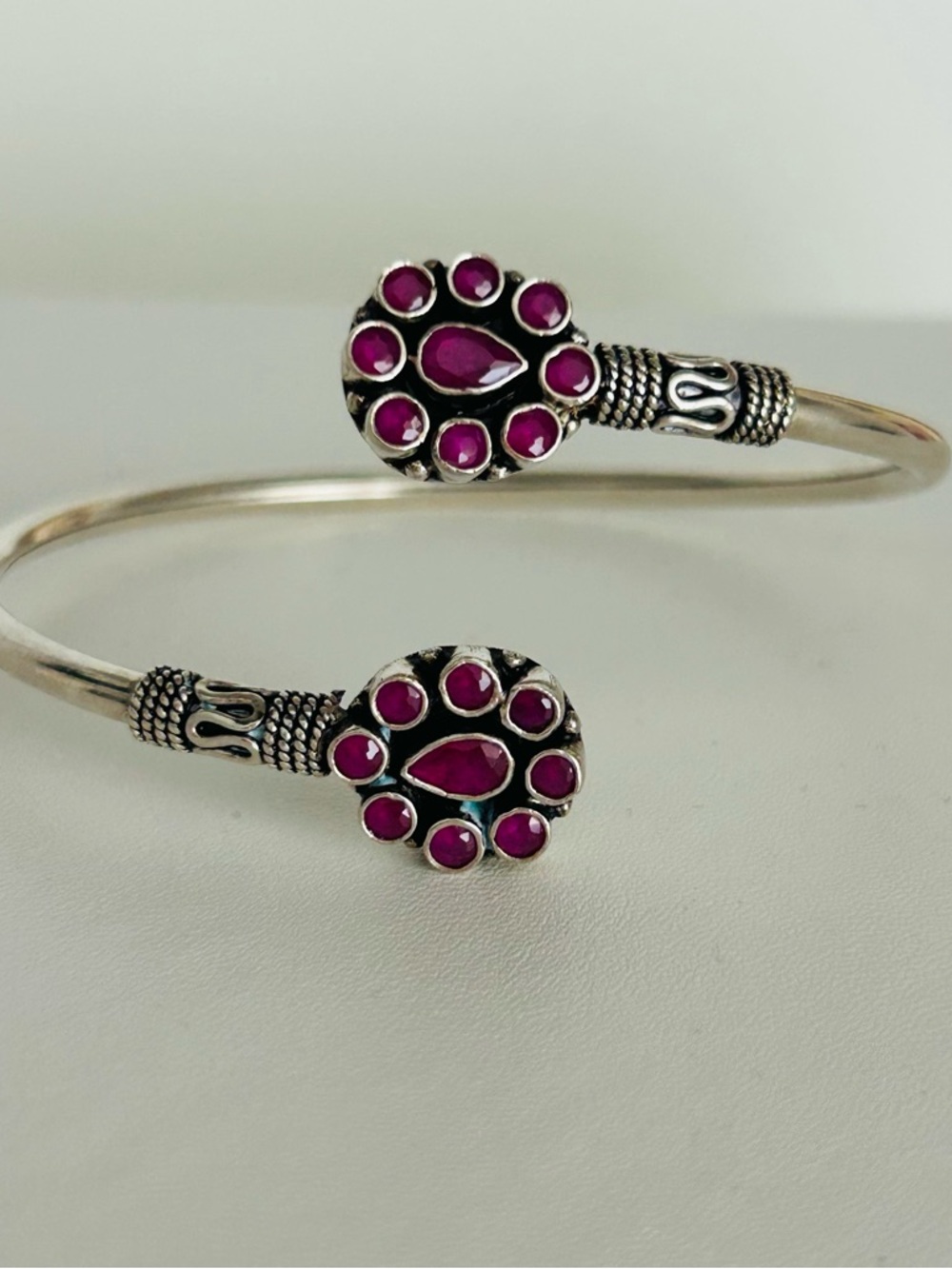 Vintage Sterling Silver Open Cuff Bracelet with ruby Stone.